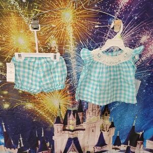 Ralph Lauren Aqua and White Gingham Baby Set with Lace Trim